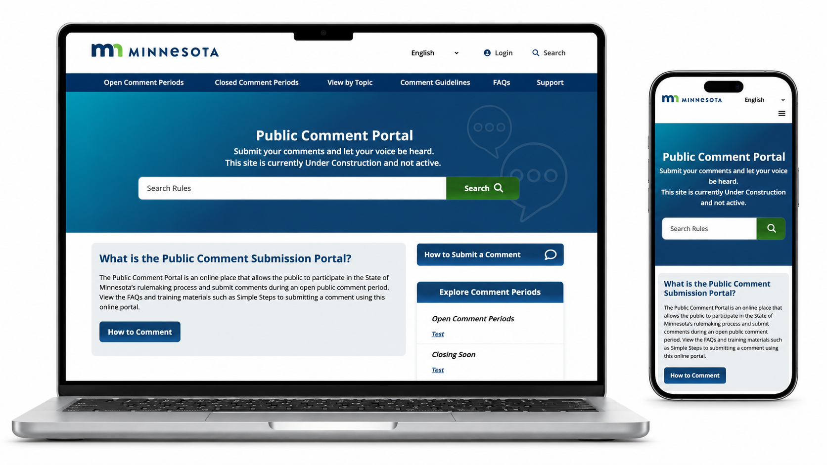 CAH Public Comment Portal website desktop and mobile